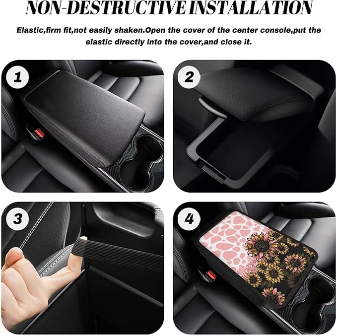 Dreaweet Sunflower Pink Cow Print Car Accessories Center Console Cover Cushion Pad,Car Armrest Cover with Side Pockets,Universal Fit Arm Rest Cover for Most Vehicles SUV Sedan
