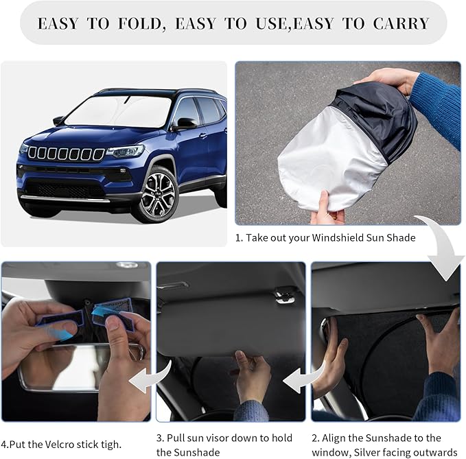 2025 Sun Shade Sunshade for Jeep Compass 2017-2024 2025 Windshield Cover, 4-Layer Front Window Shade Custom fit Compass Sun Visor 240T Retractable Shield Shade Blocks UV Rays Cooler Car Accessories