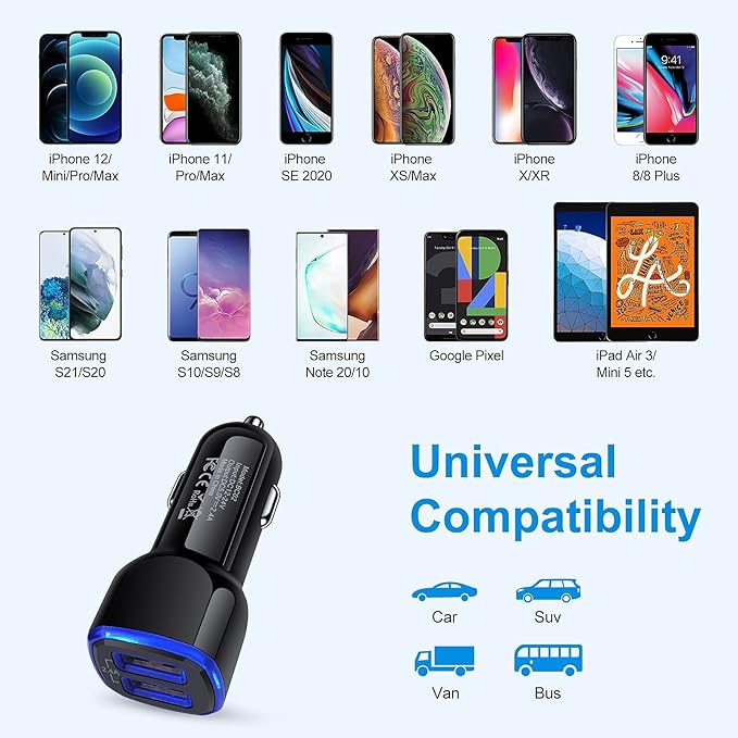 USB Car Charger,5Pack 2.4A Dual Port USB Cigarette Lighter Car Phone Charger Plug Car Adapter for iPhone 17Pro Max Air 16 15 14 13 12 SE 11 Pro Max,Samsung Galaxy S25 A17 A16 A15 A14 S24 S23 S22 Ultra