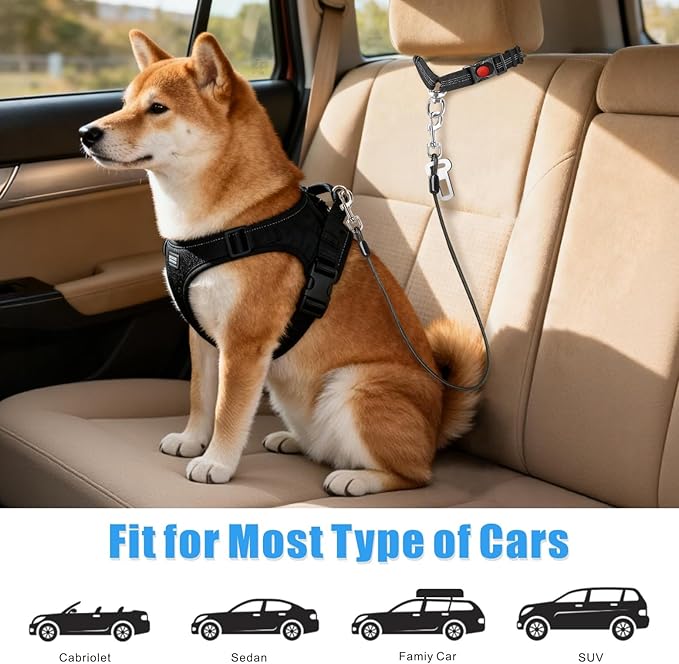 Idepet Dog Seat Belt for Car, 2 Pcs Stainless Steel Chew Proof Dog Seatbelt 3 in 1 Harness for Safety Heavy Duty Pet Seat Belt for Medium & Large Dogs (Black+Black)