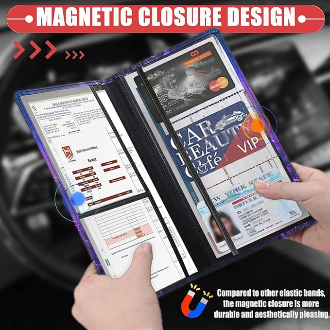 Car Registration and Insurance Card Holder for Women Men, Waterproof PU Leather Glove Box Car Organizer with Magnetic Shut, Vehicle Document Holder for Driver License,Cards, Blue Lion Pattern