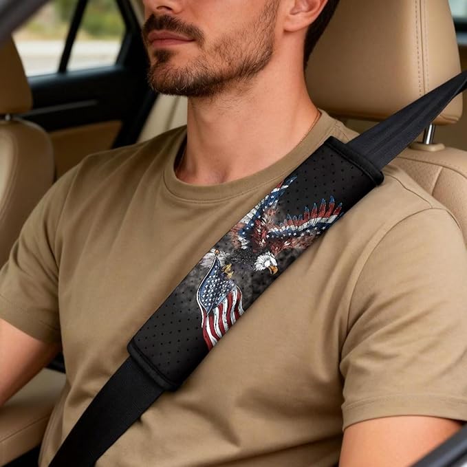 Qeluxign Air Mesh Car Seat Covers & Accessories American Flag Bald Eagle 5-Piece Set 2 Seat Covers, 2 Shoulder Belt Pads, 1 Console Pad PU Leather Car Interior Set for Women