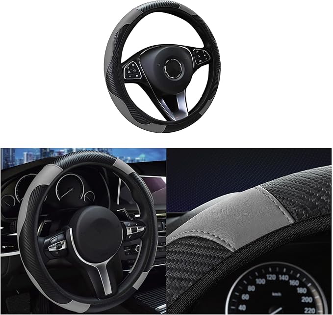 Car Steering Wheel Cover, 15 inch Carbon Fiber Microfiber PU Leather Elastic Steering Wheel Protector for Men Women, Universal Durable Car Decorative Fit for Most Cars, Trucks, SVU(Grey)
