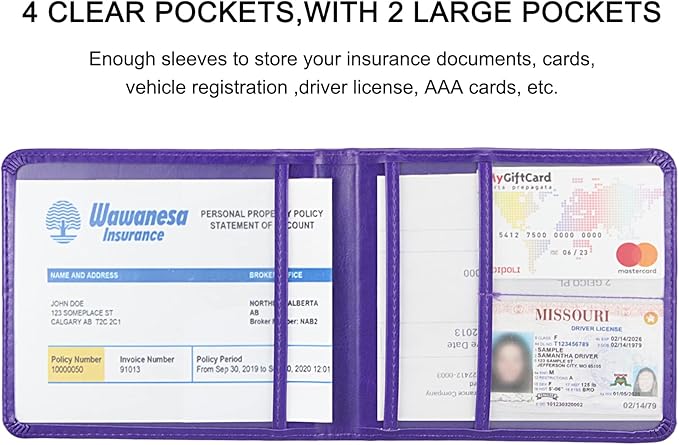 LumiMokki Car Registration and Insurance Holder, Leather Registration and Insurance Card Holder, Vehicle Glove Box Organizer - For Documents, Cards, License (Purple)