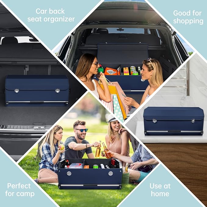 XCF Car Trunk Organizer, Collapsible Car Storage Organizer with Lid and Push-pull Handle Leather Trunk Organizer for Suv, Truck, Minivan (Blue, 27.17 x 11.42 x 12.2in)