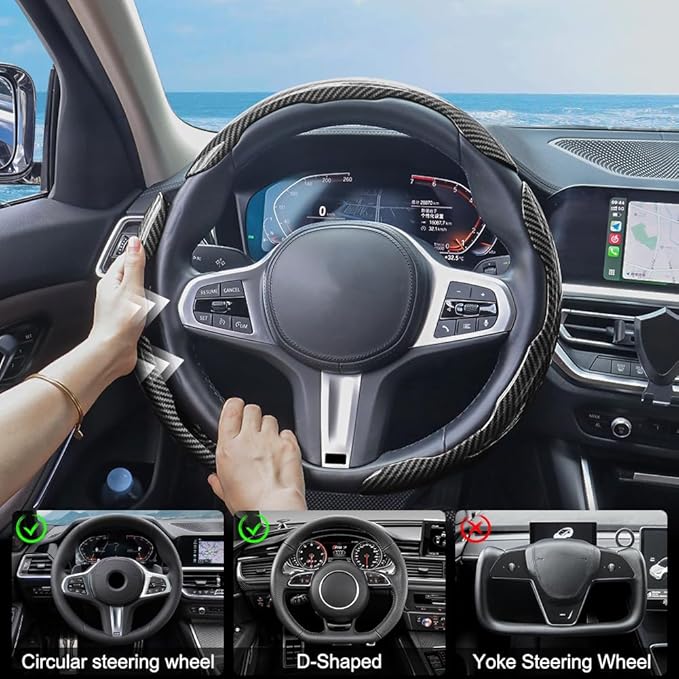 Carbon Fiber Steering Wheel Cover 3PCS, Non-Slip Grip for Universal Cars,Fit for 14–16 Inch Wheels, Interior Accessories for Cars Trucks (Black)