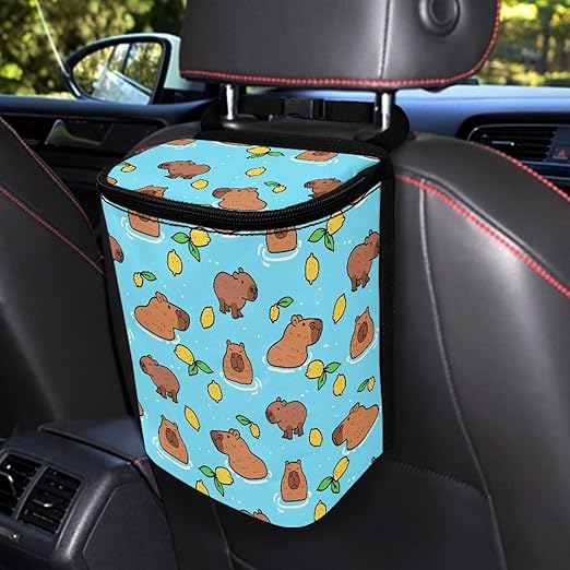 KEIAHUAN Capybara Car Trash Can Bin with Lid Hanging for Back Seat Collapsible and Portable Multipurpose Trash Bin Garbage Can for Car Office Home