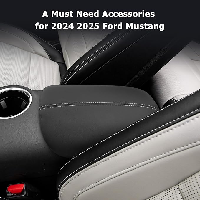 Mustang Center Console Cover Compatible with 2024 2025 Ford Mustang Accessories 2025 Mustang Armrest Cover Center Console Pad Mustang EcoBoost Premium/GT Armrest Console Cover Soft Leather,Gray Line