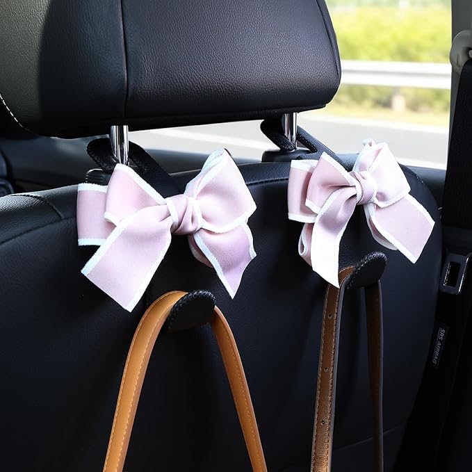 TISOHUGO Car Purse Hook, Cute Bow Hooks for Headrest - Leather U-Shaped Purse Holder for Car, Flexible Seat Back Organizer & Durable Vehicle Accessories for Bags, Coats & More (Black&Pink-2 Pack)