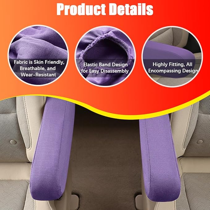 Smeyta 2PC Car Front Seat Armrest Covers,Universal Size Seat Arm Rest Cover,Flat Cloth Fabric Armrest Cover,Car Interior Accessories(Purple,1Pair)