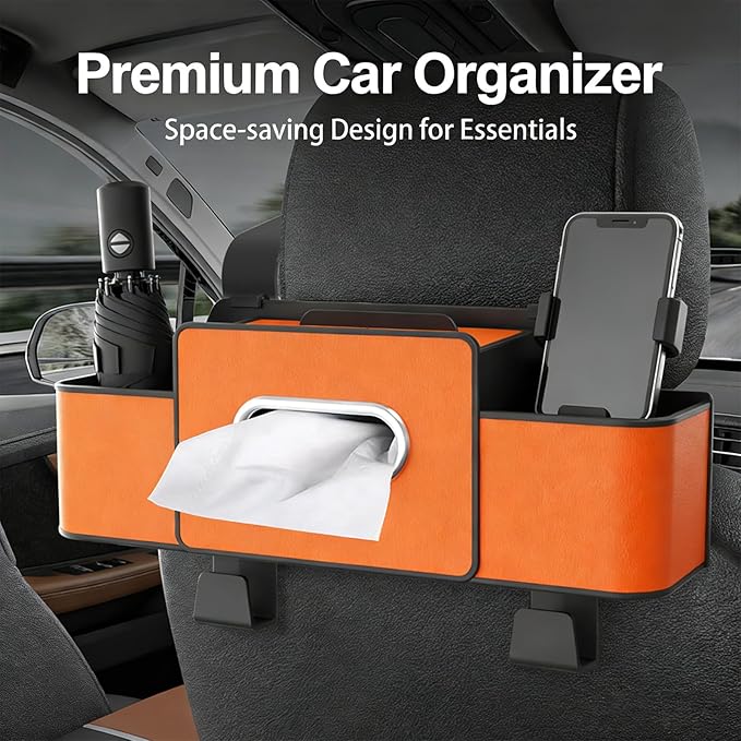 ROVIA Multifunctional 3‑in‑1 Car Seat Back Storage Box Organizer with Cup Holders, Tissue Box Slot & Headrest Hooks – Backseat Car Organizer for Phones, Snacks, Drinks, Bags, Travel Storage (Orange)