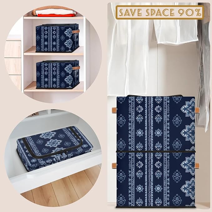 Storage Bins With Zipper Lid, Collapsible Trunk Organizer, Car Organizers and Storage Bins with Lids, Decorative Storage Boxes with Handle, Home Storage Baskets (Tribal-floral Vintage Blue)