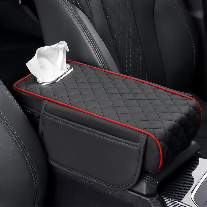 Car Center Console Cover for Toyota Camry Camry Solara Coupe 2004-2011, Leather Car Arm Rest Cover, Car Armrest Cushion with 2 Storage Bags Car Center Console Armrest Pad, C Black+Red