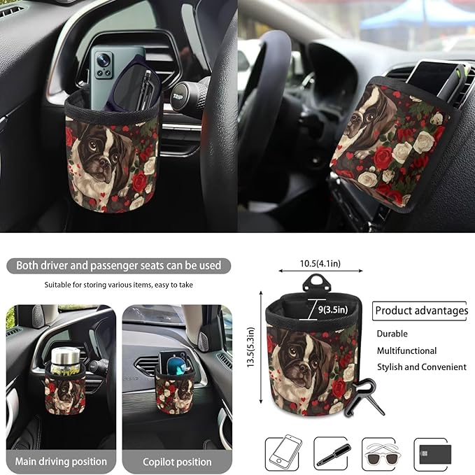 10 Pieces Car Seat Cover Full Sets, Pug Rose Print Car Front Bucket Seat Protectors with Split Bench Back Seat Covers, Steering Wheel Protector, Coaster, Trash Can, Air Vent Storage Bag