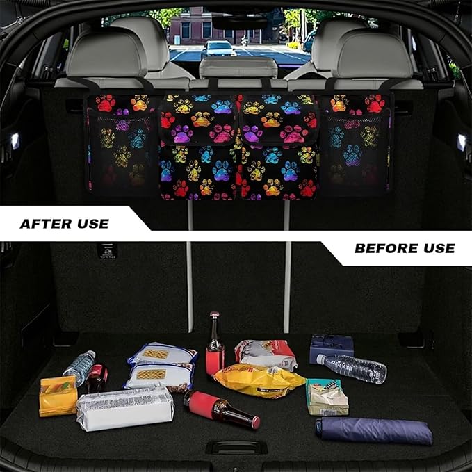 Colorful Dog Paw Car Organizer, Trunk Organizer for SUV, Car Trunk Organizer and Storage, Car Interior Accessories Backseat Hanging Organizer with 4 Pockets, Waterproof Storage Bag for Car