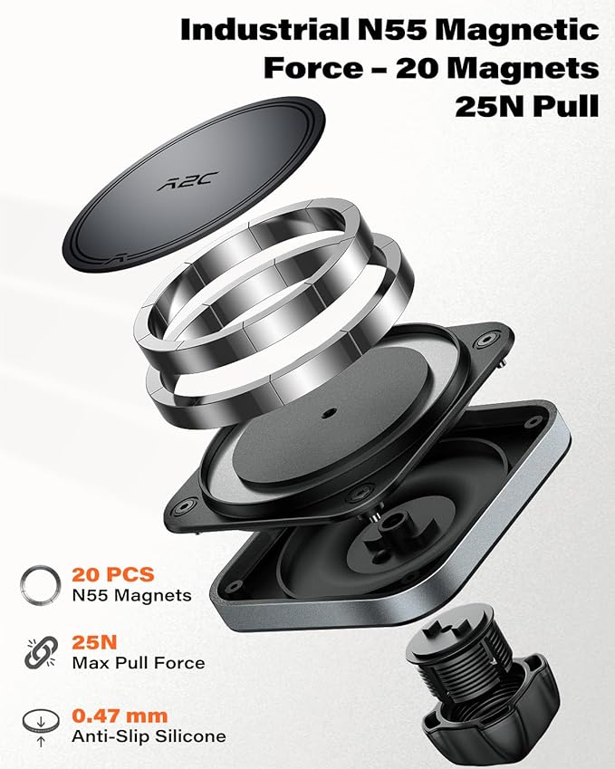 APPS2Car Dashboard Phone Mount for MagSafe, Strong Magnetic Car Phone Holder with Gel-Lock™ Suction, Dual Pivot Adjustable Arm, Stable Fit for iPhone 12–17 Series
