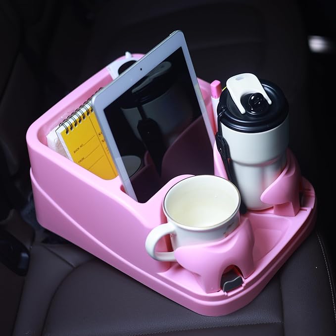 Keyiduid Center Console for Cars, Car Console Organizer with Drink Holder, Console Adjustable Cup Holder for Trucks, Floor Console for Truck, Minivans, Suvs, Vehicle Organizer (Pink)