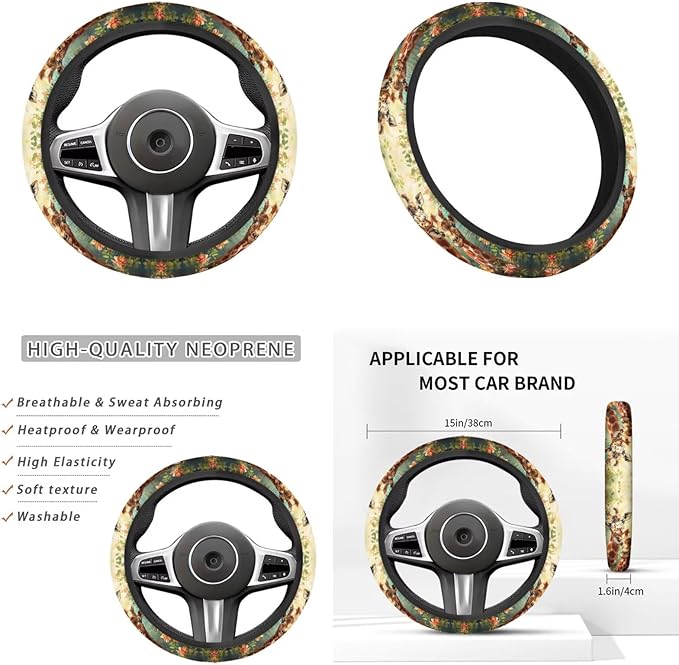 Animal Giraffe Car Steering Wheel Cover Set for Men Women Funny Car Interior Decor Cup Coaster Handbrake Cover Suit for Most Cars Truck Vans SUV