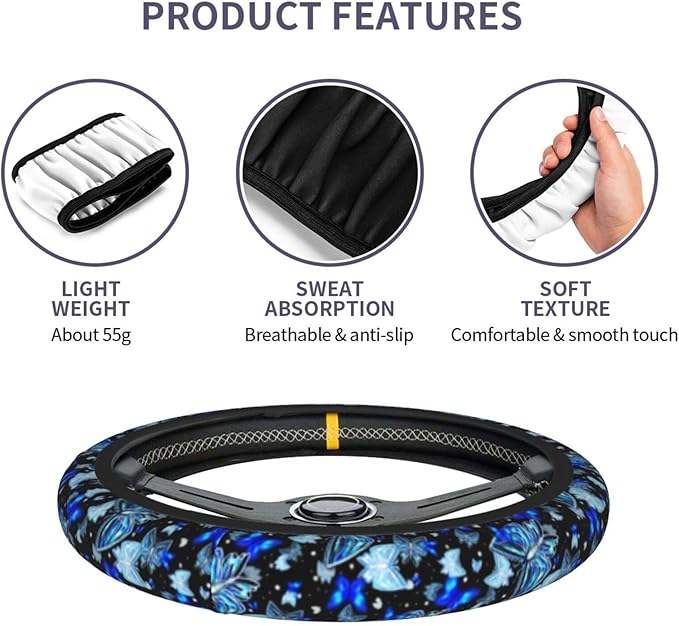 Blue Butterfly Steering Wheel Cover Universal 14.5-15 Inch Car Wheel Protector Anti-Slip Car Steering Wheel Accessories for Women Girls