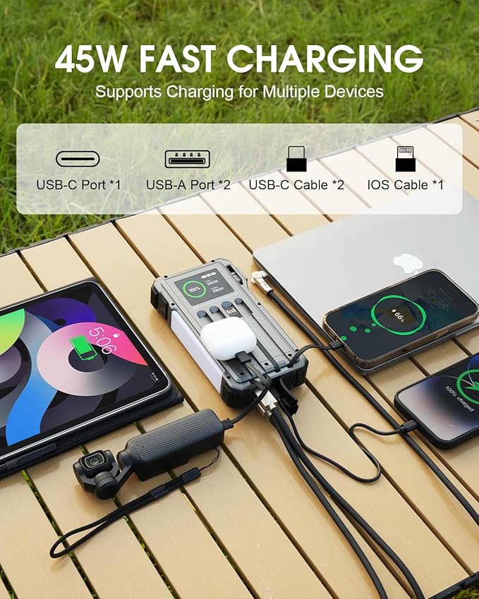 Solar Jump Starter, 5000A Peak 12V Car Battery Jump Starter for Up to 10.0L Gas & 6.0L Diesel Engines, Jumper Cables & Solar Power Bank, Car Accessories & Gift for Men, Husband, Dad, Gray