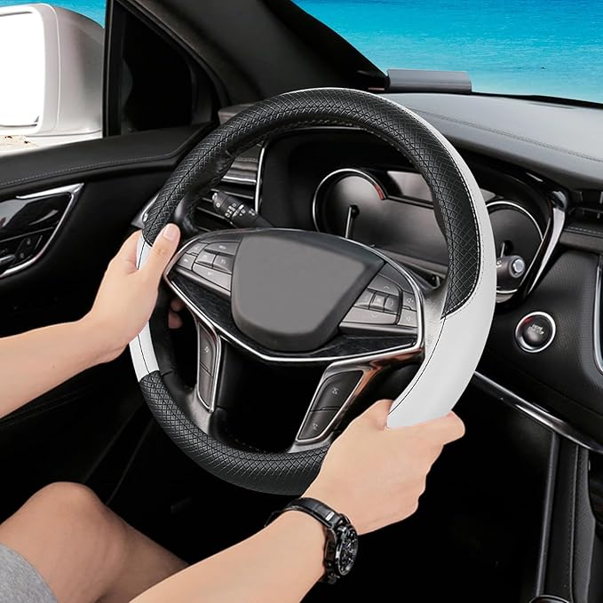 Black & White Car Steering Wheel Cover, Microfiber, Leather Patchwork, Universal 14.5-15 Inch Leather Anti-Slip Breathable Auto Steering Wheel Covers for Men Women