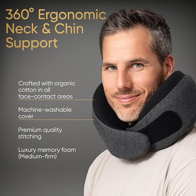 Proglobe Ash Black Memory Foam Travel Neck Pillow for Airplanes, Compact Plane Cushion for Long Flights with Soft Chin Support and Compression Bag, Comfortable Lightweight Air Travel Accessory
