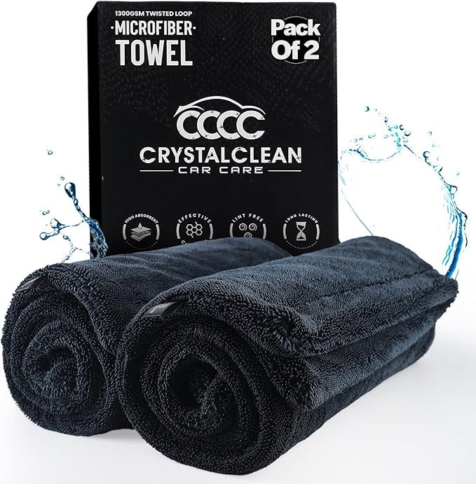 Crystal Clean 2-Pack 1300GSM Microfiber Towels for Cars – XL (36x24) Car Drying Towel with Double Twisted Loop, Professional Detailing Towel for Car Detailers - Quick Dry, Paint Safe & Swirl-Free