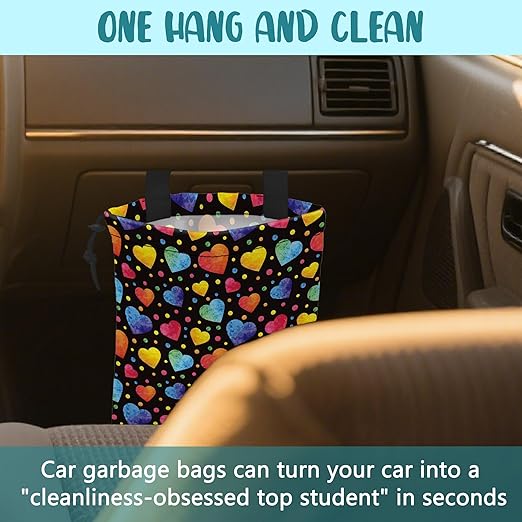 KXWQTRDD Car Trash Bag Watercolor Colorful Hearts Leak-Proof Waterproof Car Garbage Bag with Drawstring Foldable Canvas Trash Bin with Adjustable Buckle for Car Accessories, Travelling, Camping