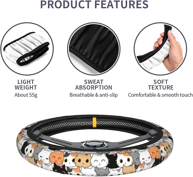 Cat Steering Wheel Cover for Women Men with 2 Pcs Car Coasters, Universal 14.5-15 Inch Cute Steering Wheel Covers Non-Slip Car Accessories for Girls