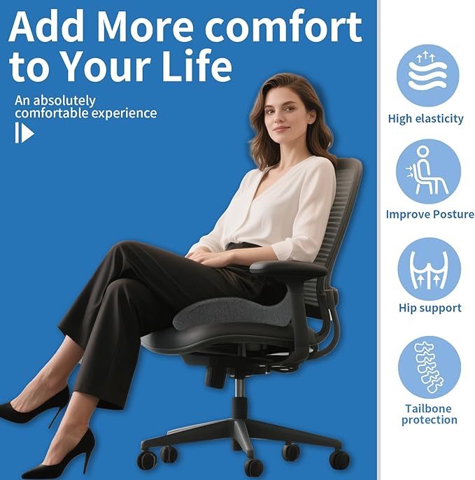 XZdream Memory Foam Seat Cushion,High Support Ergonomic Office Chair Cushion Thickened with Strap for Hip, Sciatica,Hemorrhoids,and Tailbone Pain Relief,Seat Cushion for Car,Home,Office