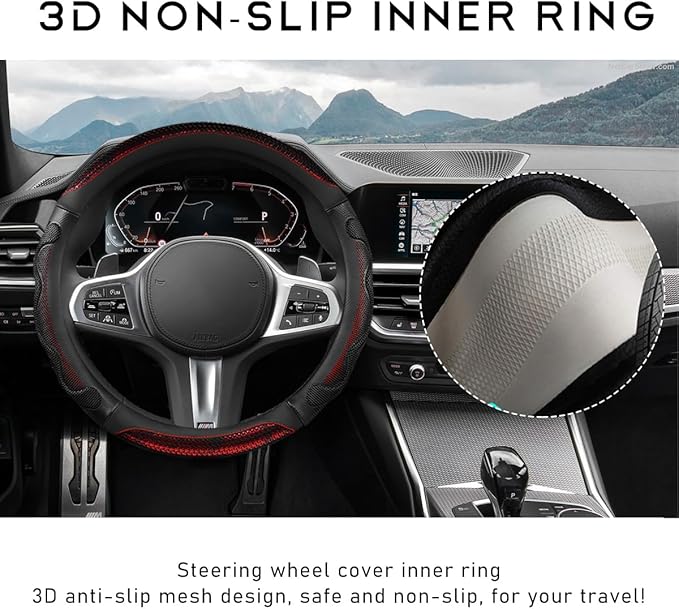Car Steering Wheel Cover, 15 Inches 3D Honeycomb Design Car Steering Wheel Protector with Comfy Grip, Breathable Anti-Slip D-Shaped Steering Wheel Sleeve for Most Vehicles (Red, Round)