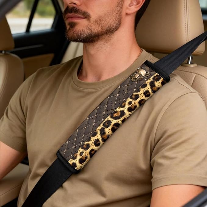 Qeluxign 5 Piece Car Accessories Set with 2 PU Leather Seat Covers, 2 Belt Pads & 1 Armrest Cover Fit for Most Vehicles Easy Install & Clean,Leopard Print Panther Head