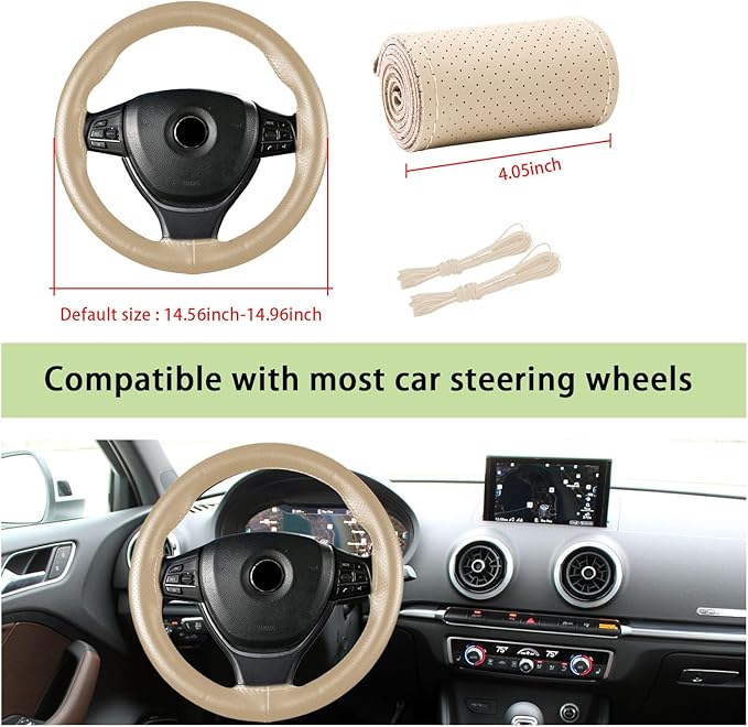 Kewucn Genuine Leather Steering Wheel Cover, 15" Universal Car Steering Wheel Protector with Needle Thread, Breathable Anti-Slip Steering Wheel Cover DIY Stitch on Wrap (Beige, Full Hole)