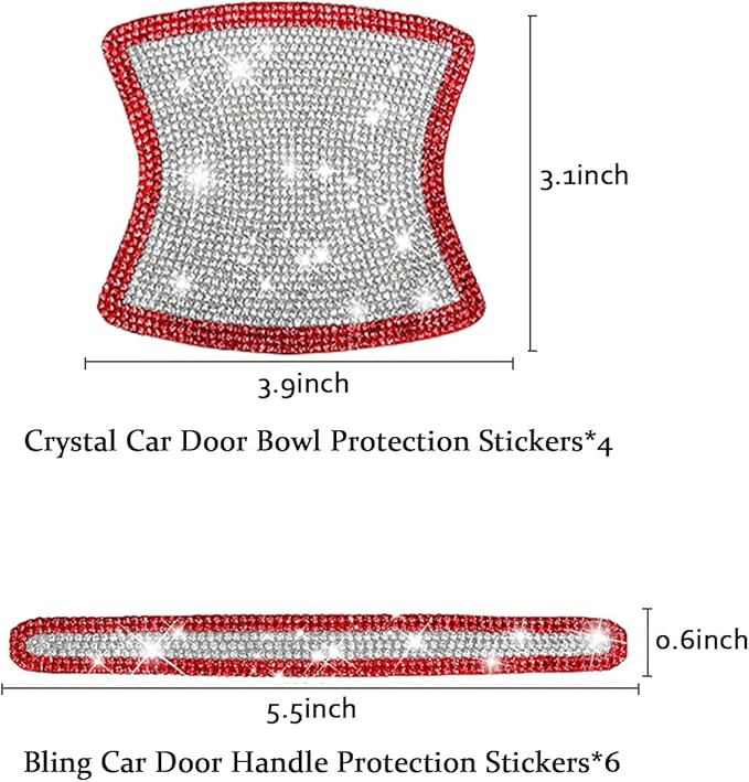 BetterJonny 10PCS Crystal Car Door Handle Scratches Protector, Rhinestone Car Door Handle Stickers Bling Car Door Handle Scratch Protector Stickers for Women and Girls Car Stickers (Red+White)