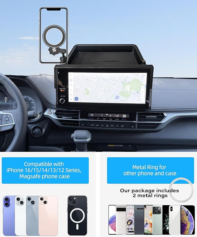 Car Phone Holder for 2025 Toyota Sienna Accessories Apply to 12.3 Inch Screen Fixed Clip Magnetic Cell Phone Mount Hands-Free 360 Degree Rotation with Dashboard Storage Tray