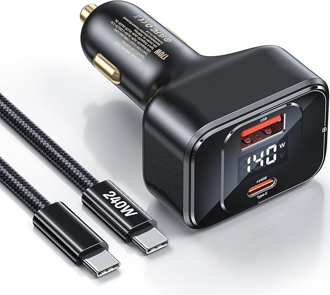 Degeca USB C Car Charger Fast Charging 170W, PD3.1 Single Type-C Port Max Output Power 140W Car Charger with Real-Time Display for MacBook, Laptop, iPhone 17/16/15, Samsung S25, Drone and More Black