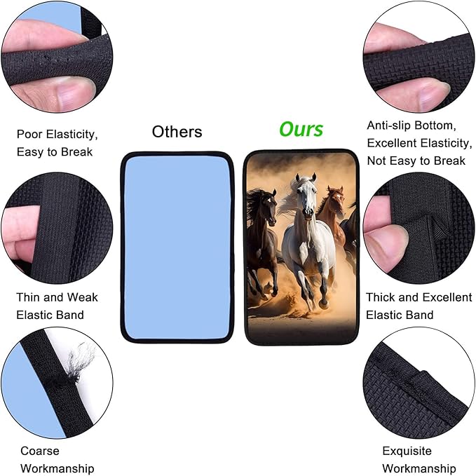 JANENFNA Car Armrest Cover Pads Universal Fashion Cute Auto Center Console Armrest Cover Pad with 2PCS Car Coasters Soft Waterproof Car Armrest Seat Protector for Women,Horses