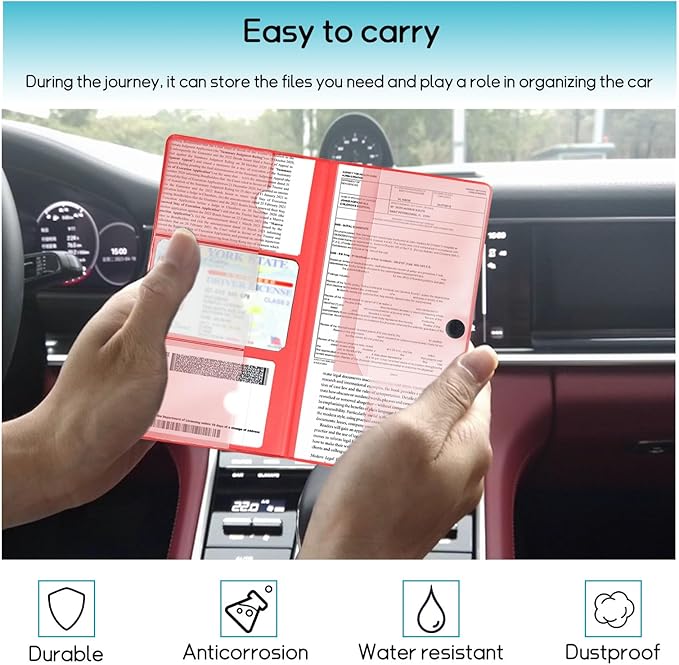 Car Registration and Insurance Holder, 10.39''×9.56'' Essential Auto Card Document Glove Box Organizer with Closure, Car Interior Accessories (Red, Small Car)