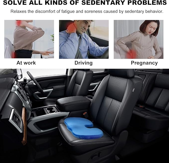Memory Foam Seat Chair Cushion, Comfortable Auto Cushions for Long Periods of Sitting, Pregnancy Car Seat Cushion for Back, Coccyx & Sacrum Pain Relief, Car Accessories (Blue)