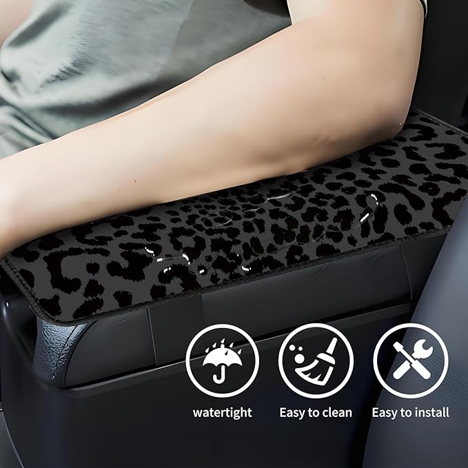 Car Center Console Cover, Universal Soft Large Neoprene Auto Armrest Seat Box Cover, Funny Car Decor Accessories Fit for Most Cars, Vehicles, SUVs Cute Black Leopard