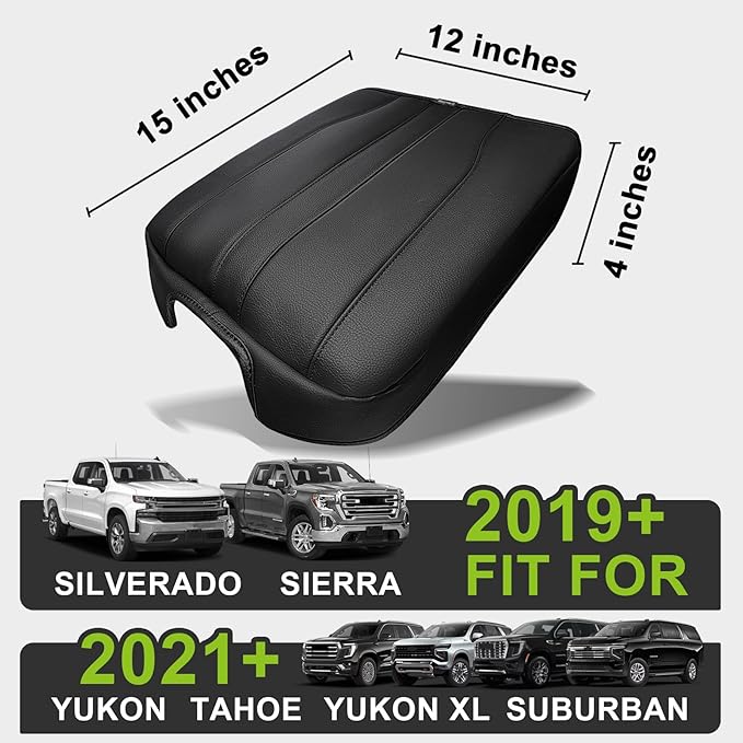 Muslogy Center Console Armrest Cover for 2019-2026 Chevy Silverado GMC Sierra, 2021-2025 2026 GMC Yukon& Chevy Tahoe/Suburban Comfort Armrest Pad Arm Rest Cushion Vegan Leather Protector Regular Thick