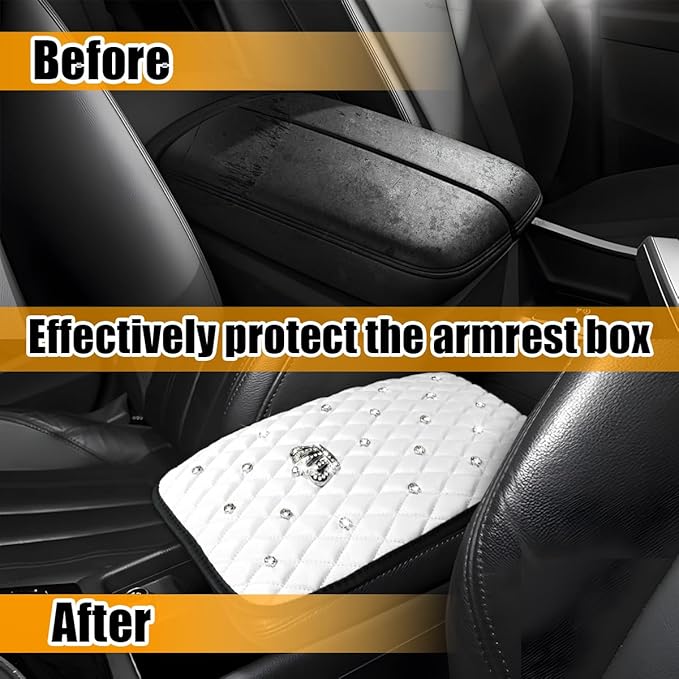 Mandark Bling Car Center Console Cover, Rhinestones Crown Vehicle Armrest Seat Box Mat Pad, Diamond Automotive Interior Arm Rest Cushion Protector Decor Accessories, Universal Fit(White)