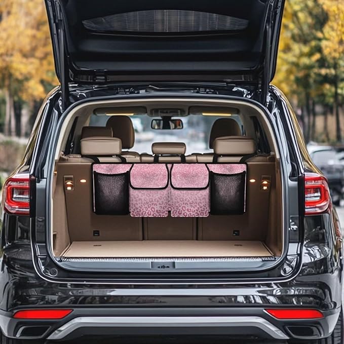 SEANATIVE Shiny Pink Leopard Car Trunk Organizer, Backseat Hanging Organizer with 4 Large Storage Bag Super Capacity -Trunk Organizer for SUV,Truck,Van -Your Space Saving Expert