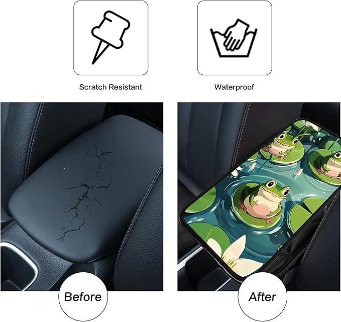 JANENFNA Car Armrest Cover Pads Universal Fashion Cute Auto Center Console Armrest Cover Pad with 2PCS Car Coasters Soft Waterproof Car Armrest Seat Protector for Women,Cute Frog on Lotus Leaf