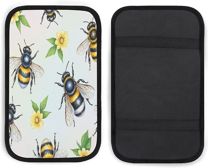 Cute Bee Flower Car Center Console Decor Handrail Armrest Box Cushion Insect Interior Covers Car Protector Pad Lid Cover Accessories Universal Fit for Auto Truck Vehicles