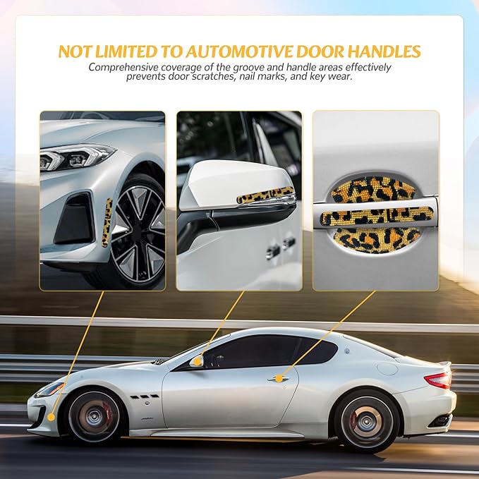 10PCS Bling Car Door Handle Protectors, 4 Door Bowl Stickers + 6 Handle Strips, Crystal Rhinestone Anti-Scratch Car Accessories, Sparkling Auto Decor, Universal for SUV Sedan Truck (Leopard Print)