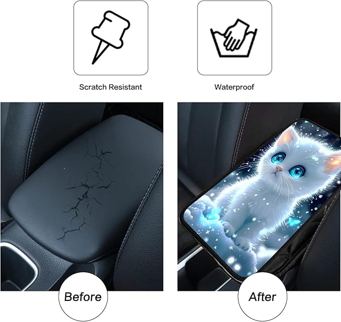 JANENFNA Car Armrest Cover Pads Universal Fashion Cute Auto Center Console Armrest Cover Pad with 2PCS Car Coasters Soft Waterproof Car Armrest Seat Protector for Women,Snow White Kitten