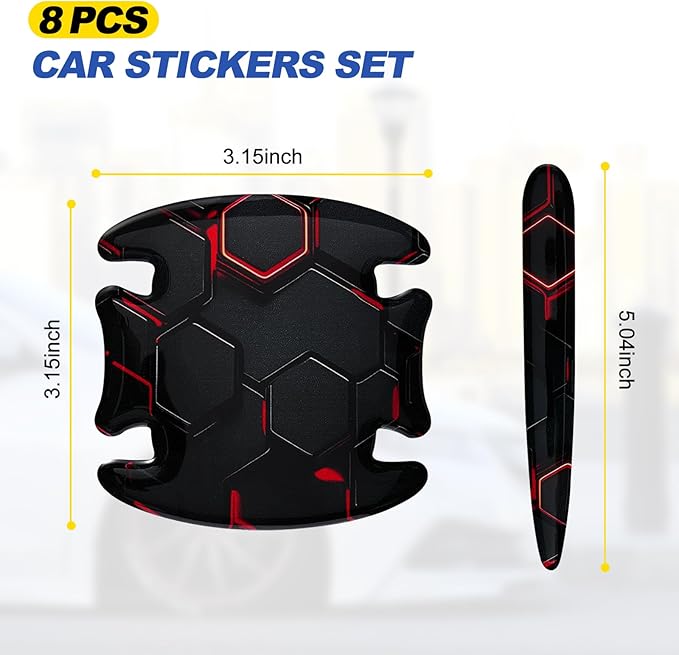 8 Pcs Car Door Handle Sticker, 3D Honeycomb Pattern Car Door Cup Protector, Universal Anti Scratches Auto Doors Handle Protective Film (Black Red)