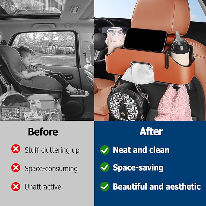 Multifunctional Car Back Seat Storage Organize, 2026 Upgrade 3-in-1 Car Backseat Organizer with Cup Holder, Tissue Box, Trash Bin & Hooks, for Hold Phones, Snacks, Drinks, and Handbags (Red)
