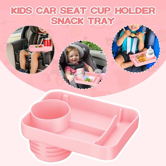 Car Seat Cup Holder Snack Tray - Silicone Food Trays for Travel with Expandable Soft Rubber Base Fits Most Cup Holders Portable Accessories Essentials for Small Fruit, Toys (Pink)